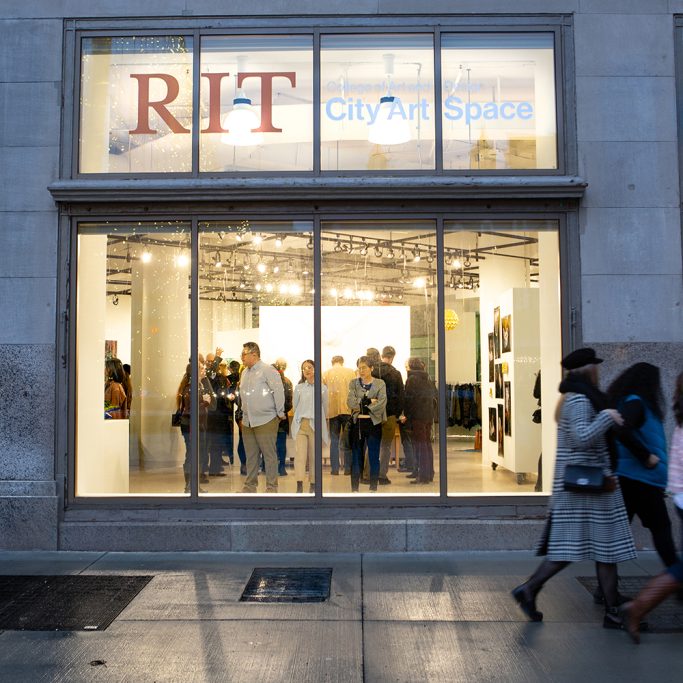 Outside during the "BFA Senior Exhibition I: School of Art" opening at the RIT City Art Space in Rochester, N.Y. on April. 5, 2019. (Matteo Bracco/University News)