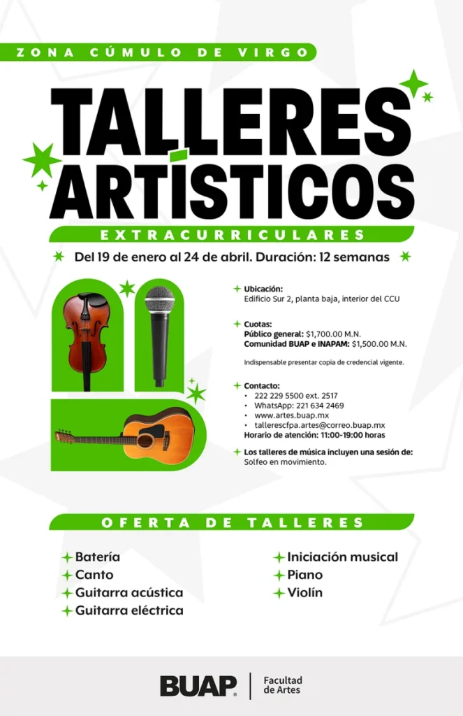 La convocatoria de la BUAP para los Talleres Artísticos Extracurriculares del periodo Primavera 2026 ya está disponible. Estos talleres están diseñados tanto para la comunidad universitaria como para el público en general, con actividades que se desarrollarán del 19 de enero al 24 de abril de 2026.
